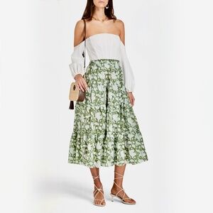 MAJE Jitale Printed Ruffled Maxi Skirt Green Cotton Voile US6